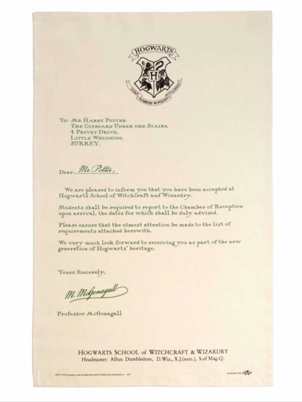 Harry Potter Acceptance Letter Tea Towel Wall Decor